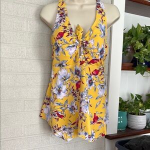 Kona Sol Floral Yellow Swim Tankini Halter Top Women's 16W Shark bite hem EUC